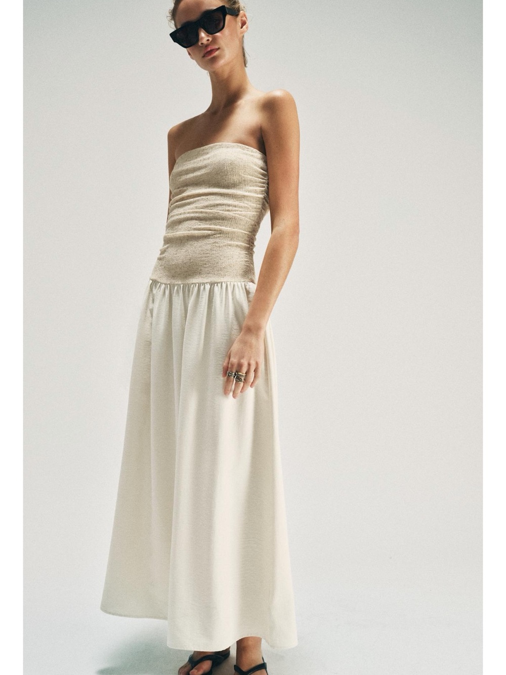 Zara Strapless Two-Tone Maxi Dress in Cream and Beige